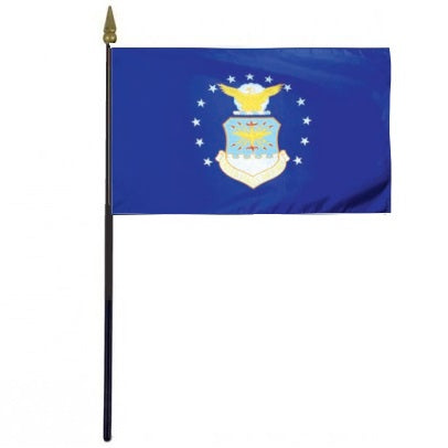 US Air Force Stick Flag with white emblem on blue field, mounted on a 10.5 plastic stick with gold spear finial.