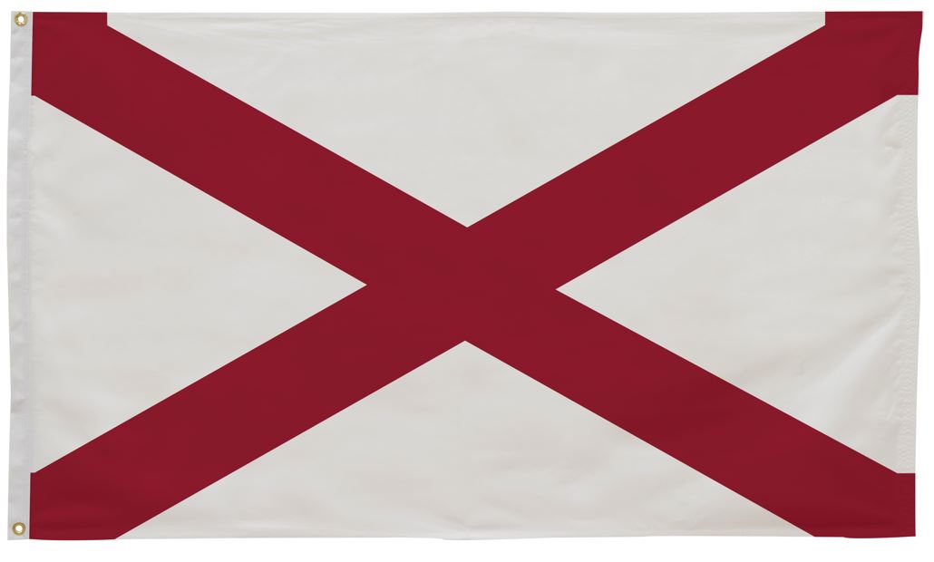 Alabama State Flag 5' x 8' Printed Nylon, featuring a crimson St. Andrew's cross on a white field, with brass grommets for outdoor use.