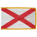 Alabama State Flag 3' x 5' INDOOR Printed Nylon featuring a crimson cross of St. Andrew on white, with yellow fringe and flannel-lined pole sleeve.