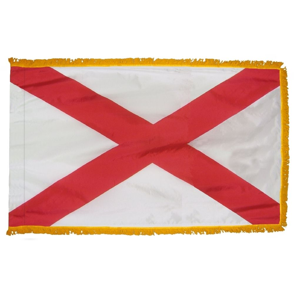 Alabama State Flag 4' x 6' INDOOR Printed Nylon featuring a crimson St. Andrew's cross on a white field, yellow fringe, and a flannel-lined pole sleeve with Velcro tabs.