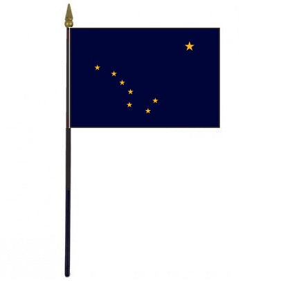 Alaska Stick Flag - 4 x 6 Desktop Flag with gold stars, mounted on a 10.5 plastic stick with a gold spear finial.