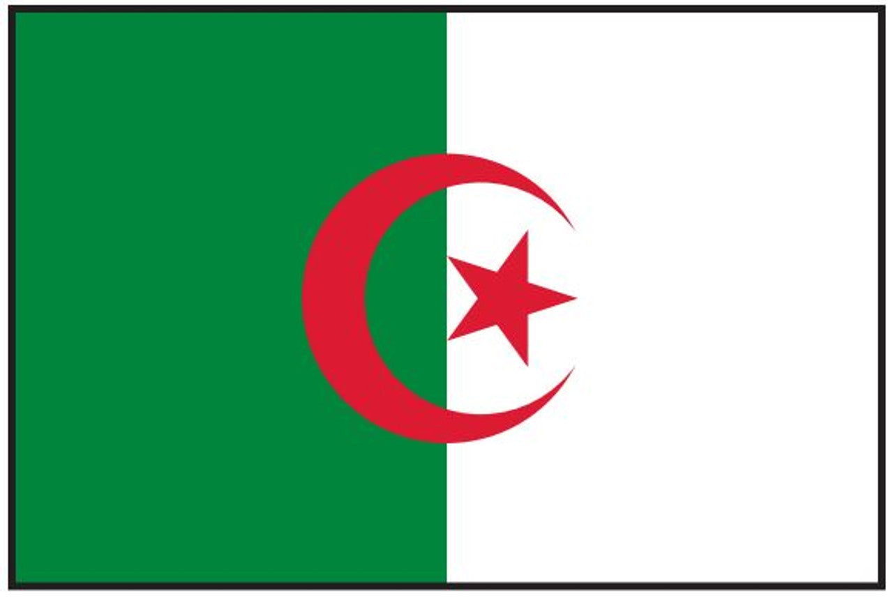 Algeria Flag Printed Nylon 3' x 5' with crescent and star, strong canvas header, and brass grommets for indoor or outdoor use.