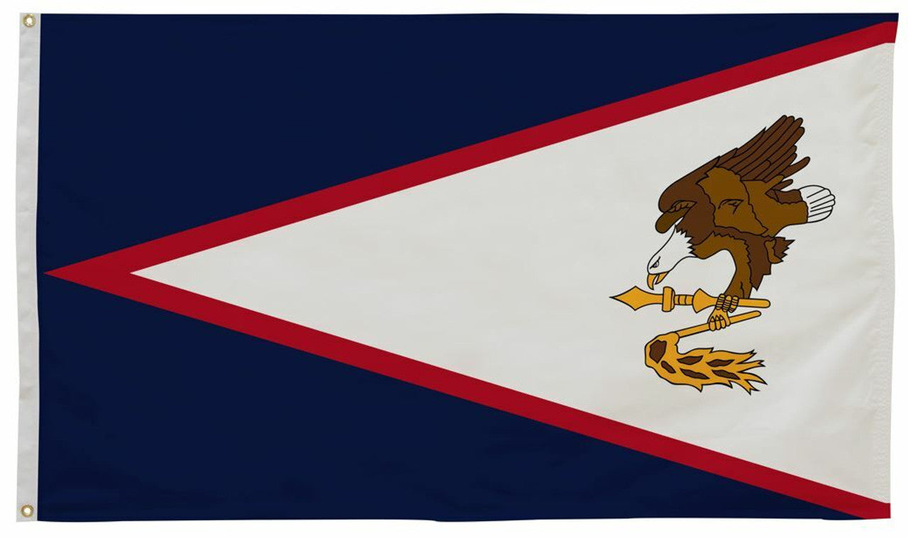 American Samoa Flag 12 x 18 Printed Nylon with eagle and snake emblem, canvas header, brass grommets, UV resistant, single-sided, suitable for outdoor use.