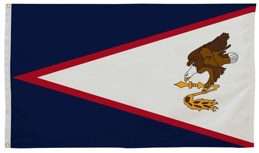 American Samoa Flag 12 x 18 Printed Nylon featuring an eagle holding a sword, strong canvas header, and brass grommets for outdoor use.