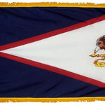 American Samoa Flag 3' x 5' INDOOR Printed Nylon with white and red triangles, gold fringe, and an eagle holding a sword emblem.