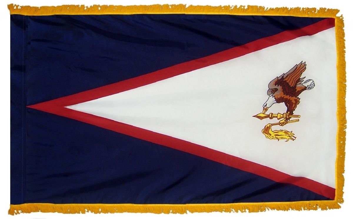 American Samoa Flag 3' x 5' INDOOR Printed Nylon with white and red triangles, gold fringe, and an eagle holding a sword emblem.