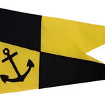 Custom SEWN Applique BURGEE featuring a black anchor on a yellow background, crafted from durable nylon with reinforced header and brass grommets.