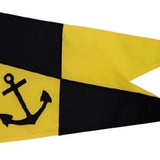 Custom SEWN Applique BURGEE featuring a black anchor on a yellow background, crafted from durable nylon with reinforced header and brass grommets.