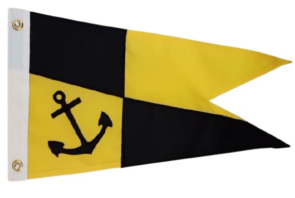 Custom SEWN Applique BURGEE featuring a black anchor on a yellow background, crafted from durable nylon with reinforced header and brass grommets.