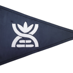 Blue triangle flag with a white logo, representing a custom SEWN applique pennant by Beaver Flags, made from durable, UV-resistant nylon with brass grommets.