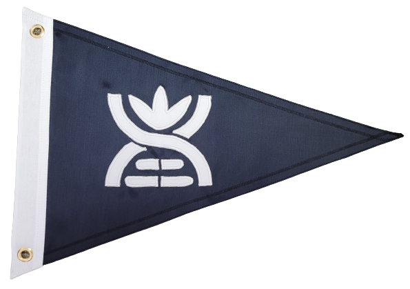 Blue triangle flag with a white logo, representing a custom SEWN applique pennant by Beaver Flags, made from durable, UV-resistant nylon with brass grommets.