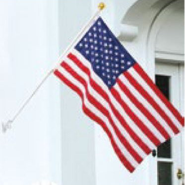 3x5' American Flag with 2 Piece Spinning 6' White Pole Kit, featuring embroidered stars, sewn stripes, and a white aluminum pole with a gold ball ornament.