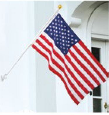 3x5' American Flag with 2 Piece Spinning 6' White Pole Kit, featuring embroidered stars, sewn stripes, and a white aluminum pole with a gold ball ornament.