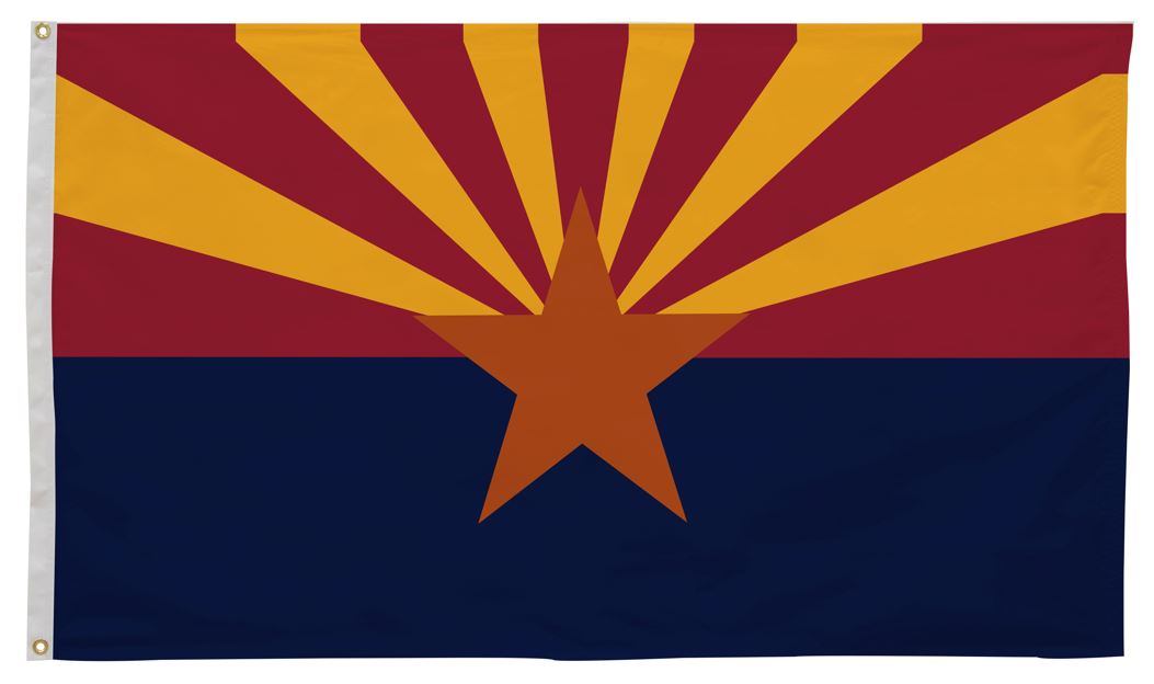 Arizona State Flag 2' x 3' Printed Nylon, featuring a red star and yellow rays on a blue field, with strong canvas header and brass grommets.