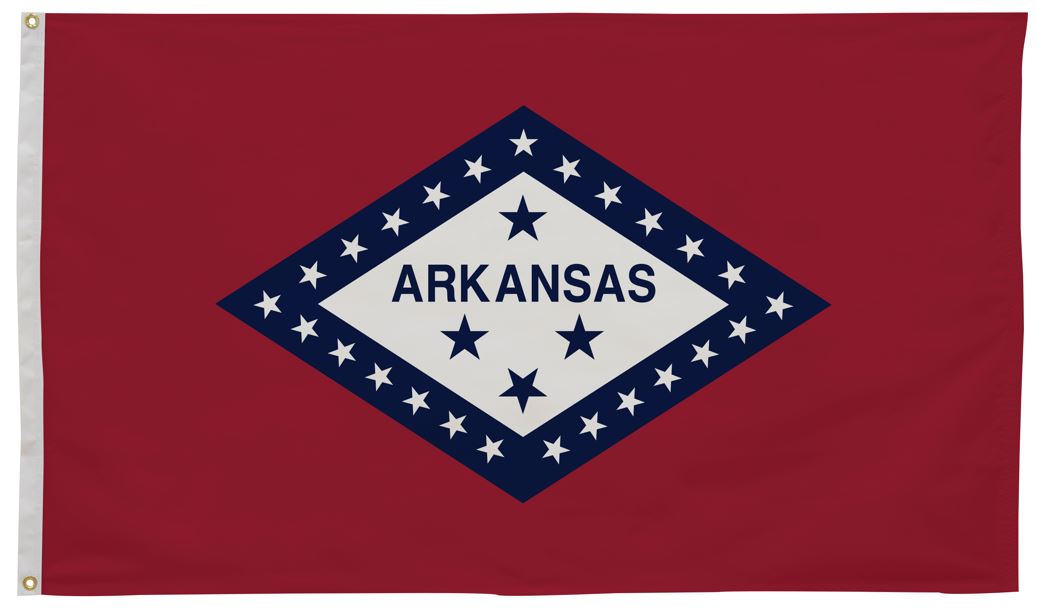 Arkansas State Flag 3' x 5' Printed Nylon with white stars on a red and blue diamond, strong canvas header, and brass grommets for outdoor use.