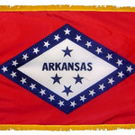 Arkansas State Flag 3' x 5' INDOOR Printed Nylon with crimson St. Andrew's cross on white, blue stars, flannel-lined pole sleeve, and golden yellow fringe.