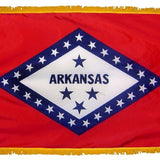 Arkansas State Flag 3' x 5' INDOOR Printed Nylon with crimson St. Andrew's cross on white, blue stars, flannel-lined pole sleeve, and golden yellow fringe.