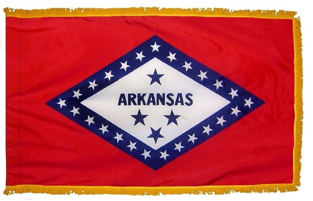 Arkansas State Flag 3' x 5' INDOOR Printed Nylon with crimson St. Andrew's cross on white, blue stars, flannel-lined pole sleeve, and golden yellow fringe.