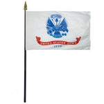 US Army Stick Flag 4 x 6 with a blue and red emblem, mounted on a 10.5 plastic stick with a gold spear finial.