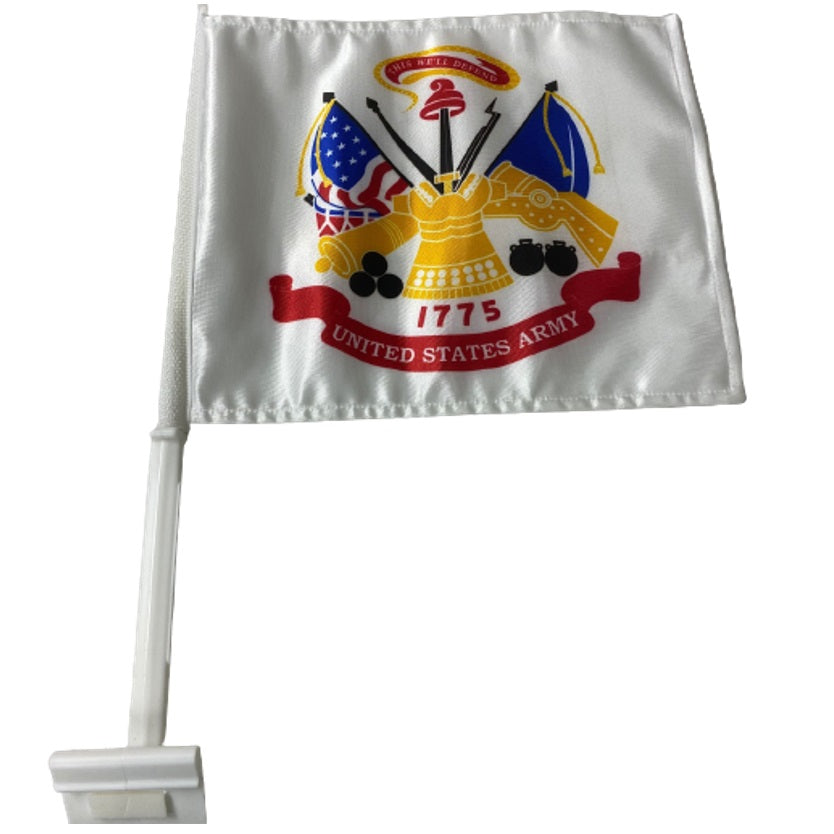 US Army Car Window Flag, 11 x 14, double-sided polyester with bracket, displayed on a flagpole, suitable for car windows.