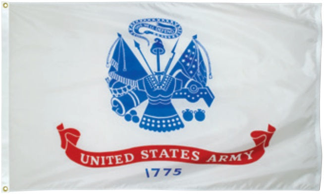 Close-up of the US Army Flag Printed Nylon 12 x 18, featuring the blue Department of the Army seal on a white field with a red scroll and 1775.