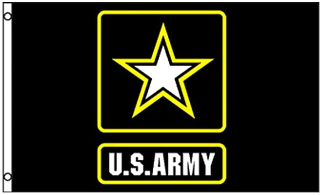 US Army Logo Flag Printed Nylon 3' x 5', featuring a yellow star with a white center on a black background, strong canvas header, and brass grommets.