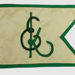 Custom SEWN Personalized Flags: A green and white flag featuring a logo and letter, showcasing high-quality craftsmanship and UV-resistant materials.