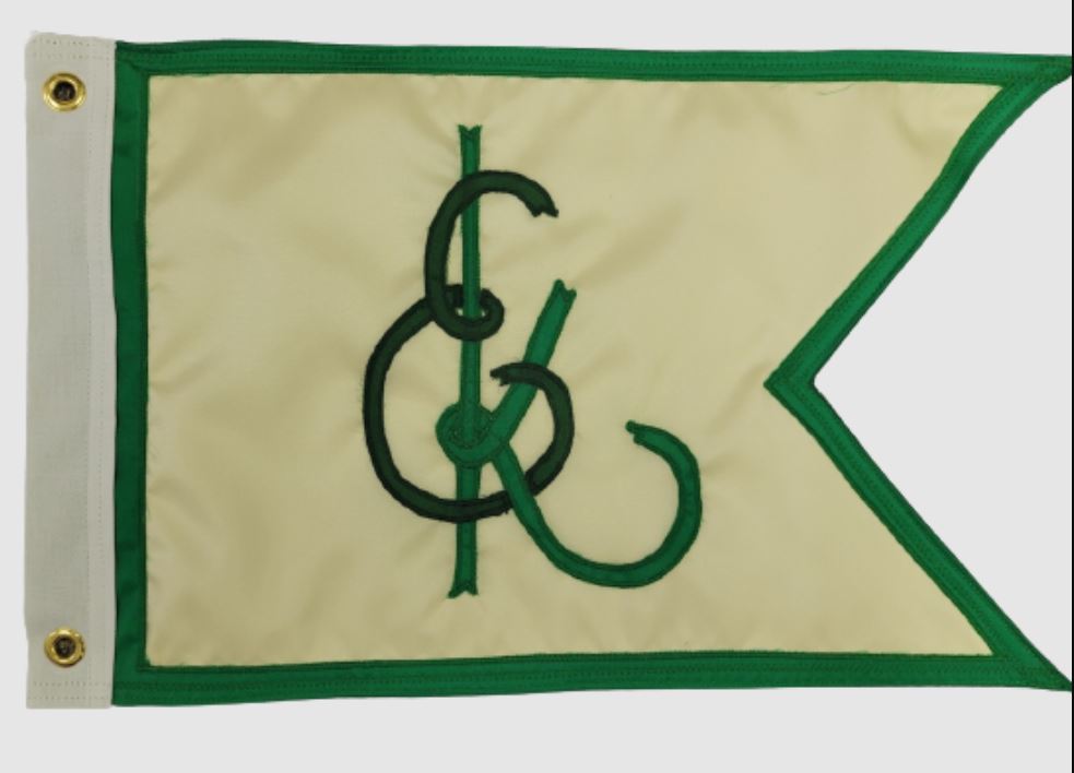 Custom SEWN Personalized Flags: A green and white flag featuring a logo and letter, showcasing high-quality craftsmanship and UV-resistant materials.