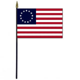 Betsy Ross Stick Flag 4 x 6 mounted on a 10.5 plastic stick with gold spear finial, featuring stars arranged in a circle, sewn edges.