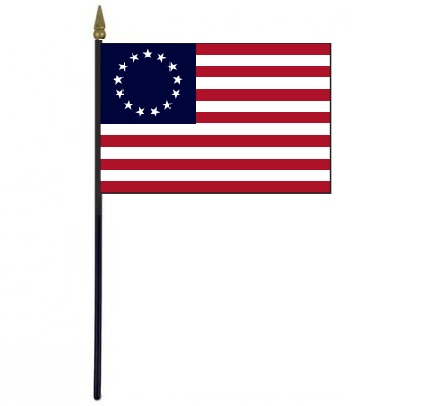 Betsy Ross Stick Flag 4 x 6 mounted on a 10.5 plastic stick with gold spear finial, featuring stars arranged in a circle, sewn edges.