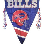 Buffalo Bills 1996 Vintage 28 x 40 Sewn Nylon Pennant with Pole Sleeve featuring a football helmet logo and nylon streamers on each side.