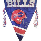 Buffalo Bills 1996 Vintage 28 x 40 Sewn Nylon Pennant with Pole Sleeve featuring a football helmet logo and nylon streamers on each side.