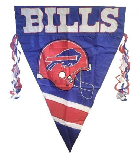 Buffalo Bills 1996 Vintage 28 x 40 Sewn Nylon Pennant with Pole Sleeve featuring a football helmet logo and nylon streamers on each side.