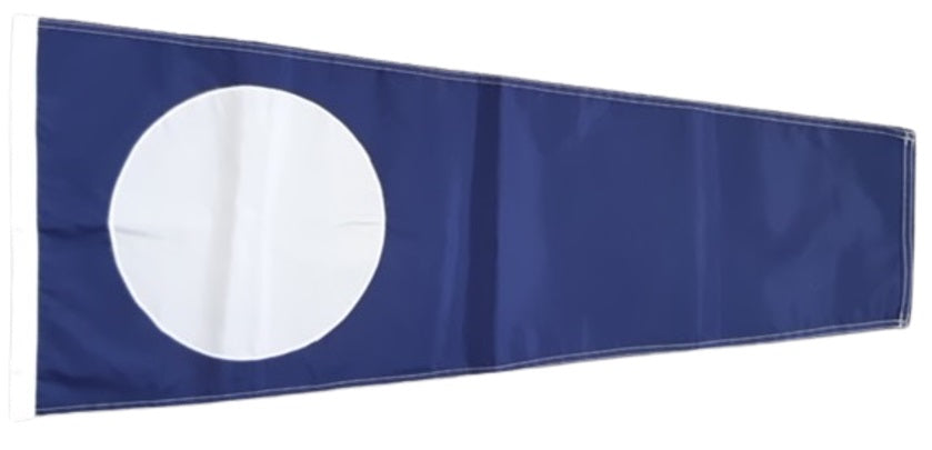 2 Code Signal Pennant Size 2 Sewn Nylon 16 x 36 with a white circle on a blue background, featuring a canvas header and brass grommets.