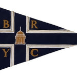 Close-up of a custom SEWN applique pennant from Beaver Flags, showcasing detailed, hand-sewn design on UV-resistant nylon fabric with brass grommets.