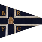 Close-up of a custom SEWN applique pennant from Beaver Flags, showcasing detailed, hand-sewn design on UV-resistant nylon fabric with brass grommets.