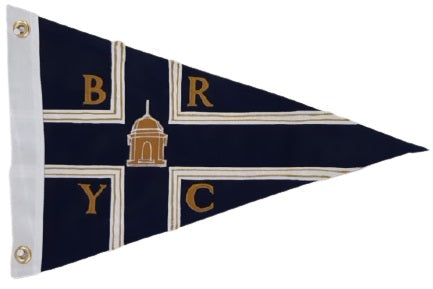 Close-up of a custom SEWN applique pennant from Beaver Flags, showcasing detailed, hand-sewn design on UV-resistant nylon fabric with brass grommets.