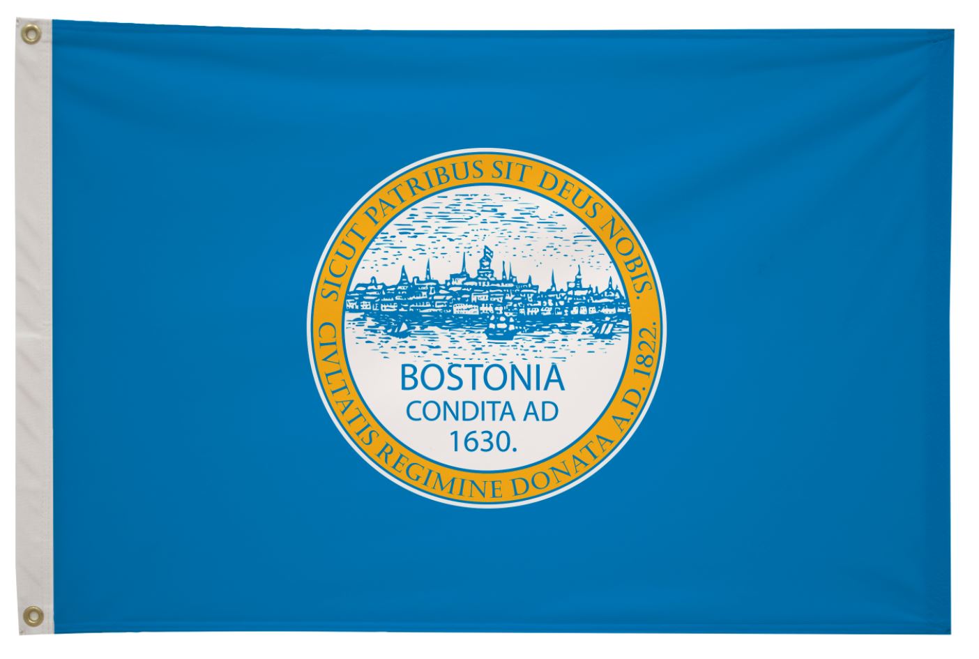 City of Boston Flag Printed Nylon 3' x 5', featuring a city emblem within a white and yellow circle, designed for durability with brass grommets and lock-stitching.