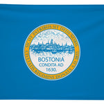 City of Boston Flag Printed Nylon 3' x 5', featuring a city emblem within a white and yellow circle, designed for durability with brass grommets and lock-stitching.