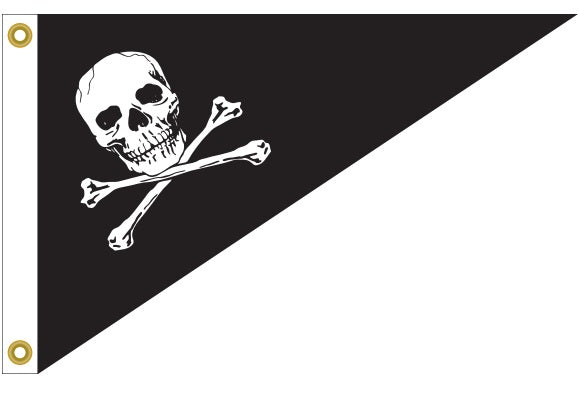 Jolly Roger Pirate Bow Flag 10 x 15 Printed Nylon featuring a skull and crossbones design, with canvas header and brass grommets for indoor or outdoor use.