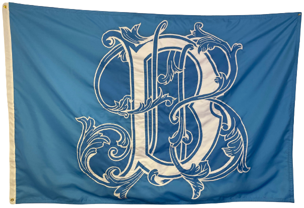 Custom SEWN Personalized Flags, Company Pennants, Boat Burgees featuring a blue flag with a prominent letter B, showcasing high-quality applique stitching and durable materials.