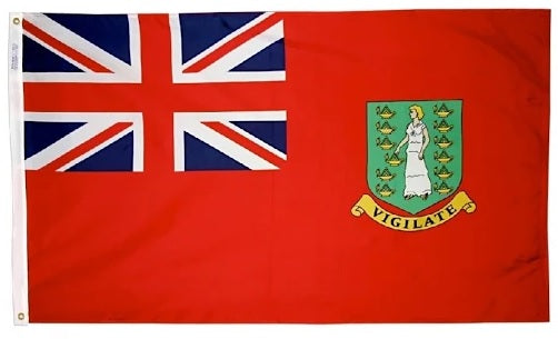 British Virgin Islands Courtesy Flag 12 x 18, featuring a detailed emblem with a woman in a white dress, made of Marine-grade nylon with canvas header and brass grommets.