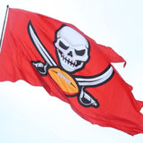 Tampa Bay Buccaneers 5' x 8' Polyester Flag featuring a skull and football symbol, with header and brass grommets, brand new and never flown.