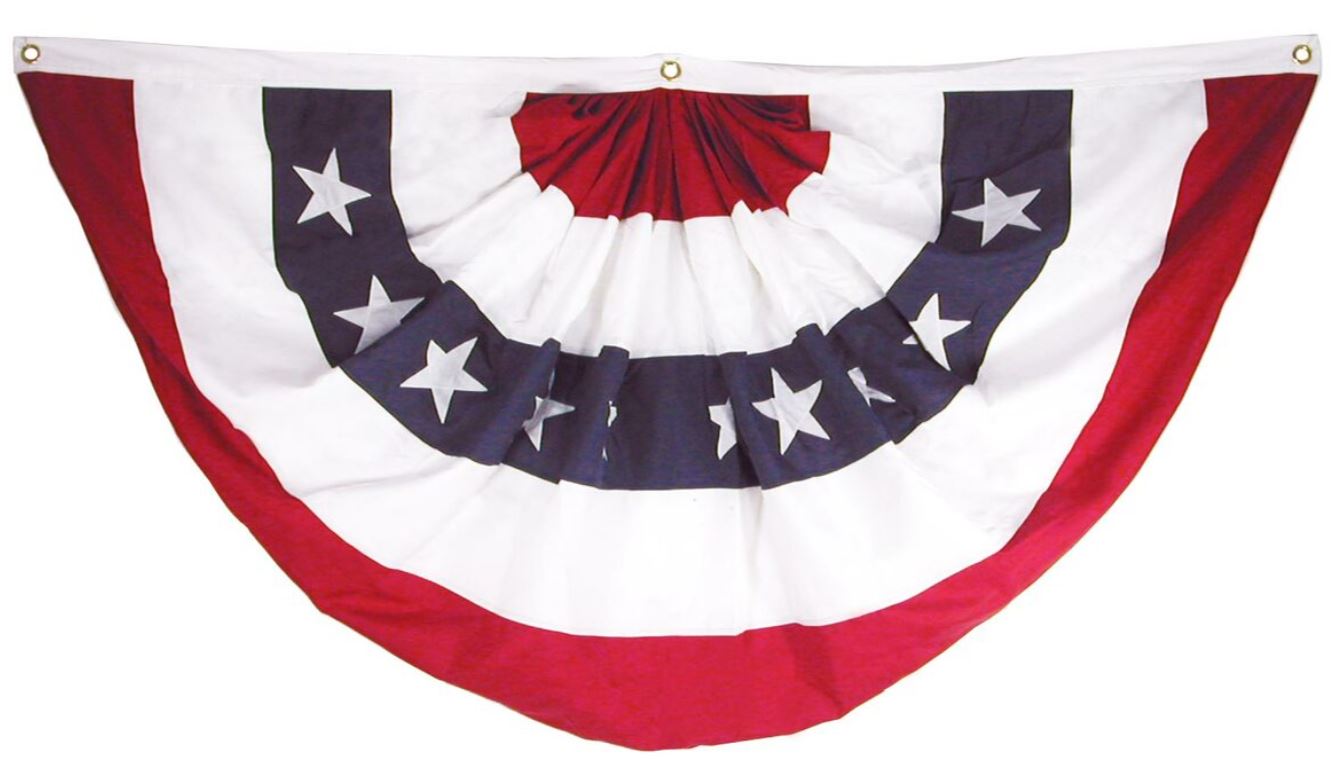 Patriotic Pleated Fan 18 x 36 Poly Cotton Blend with red, white, and blue pleats, featuring brass grommets for easy hanging.