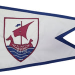 Custom SEWN Applique BURGEE featuring a red and blue design on a white flag, made with double layered nylon, strong header, and brass grommets.