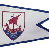 Custom SEWN Applique BURGEE featuring a red and blue design on a white flag, made with double layered nylon, strong header, and brass grommets.