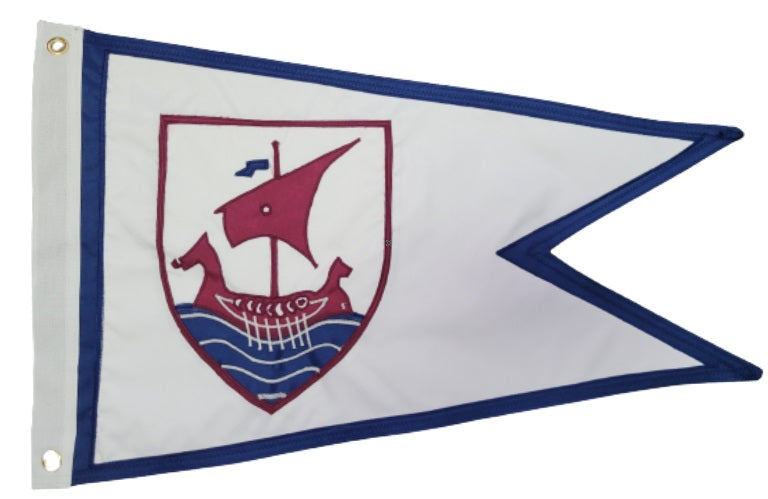 Custom SEWN Applique BURGEE featuring a red and blue design on a white flag, made with double layered nylon, strong header, and brass grommets.