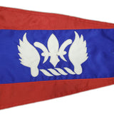 Custom SEWN Applique BURGEE showing a red and blue pennant with white wings, made with double-layered nylon and solid brass grommets.