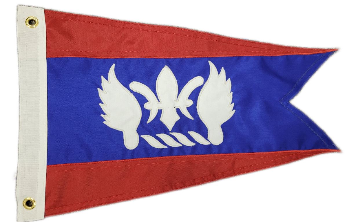 Custom SEWN Applique BURGEE showing a red and blue pennant with white wings, made with double-layered nylon and solid brass grommets.