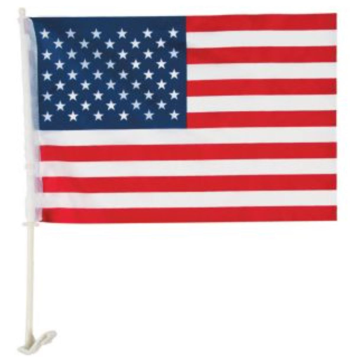 Close-up of the US flag for car window, made of polyester, 11 x 17, with white stars and a black-handled 21 pole bracket.